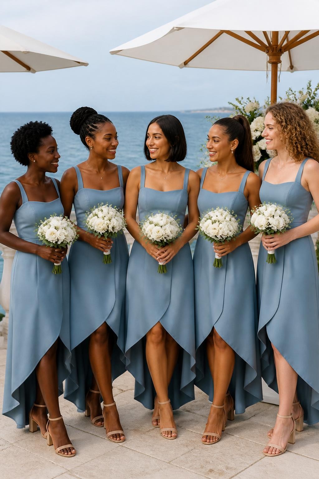 Realistic summer wedding photograph of five bridesmaids wearing dusty blue high-low dresses with fitted square-neck bodices and sculpted skirts falling below the knee in front and near the ankle at the back, women with very deep brown, dark warm brown, golden tan, light olive, and fair peach skin tones, bright smiling faces with distinct features, realistic makeup and natural skin detail, hairstyles including short coils, braided updo, sleek bob, high ponytail, and soft curls, standing on a coastal terrace with cream umbrellas, pale stone flooring, white flowers, and calm blue water visible in the distance, natural sea breeze lifting the hems, elegant block heels visible, believable shadows and crisp DSLR wedding photography.