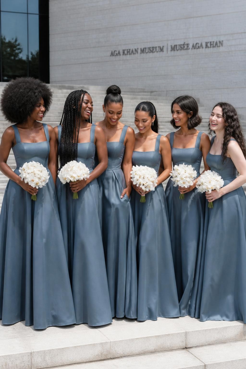 Realistic fashion-forward wedding portrait of six bridesmaids wearing steel-toned dusty blue matte crepe gowns with softly structured corset bodices, square necklines, curved basque waists, and full floor-length skirts with discreet pockets, women with deep ebony, cool dark brown, cinnamon, golden tan, light olive, and porcelain skin tones, different bust sizes, heights, and body proportions represented naturally, bright joyful faces with individual features, realistic makeup and small flyaway hairs, hairstyles including a voluminous afro, waist-length braids, sculptural bun, sleek ponytail, layered bob, and loose curls, photographed on broad limestone steps outside a modern museum wedding venue, holding compact ivory orchid bouquets, crisp morning light revealing visible seams, natural fabric weight, and believable creasing around the waist, high-detail DSLR fashion photography.