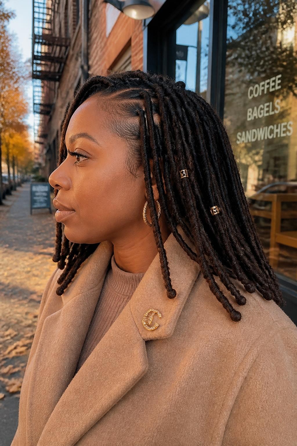 Image prompt: Photo of a Black woman wearing shoulder-length dark brown faux locs with a soft side part and small gold cuffs, side profile view, softly blurred city street background with fallen leaves and a coffee shop window, golden hour glow, containing hoop earrings peeking through and a small hair clip attached to her coat collar, realistic candid fall photo, latest iPhone photo quality.