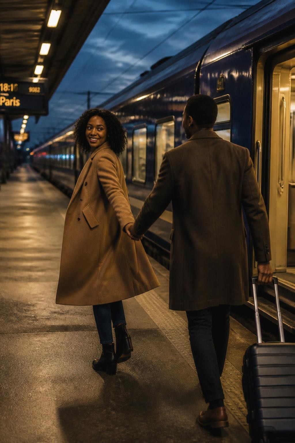 Image prompt: A cinematic DSLR couple photo on a quiet train platform, featuring an adult Black woman with dark brown skin wearing a long tan coat, dark jeans, and ankle boots, gently pulling her partner by the hand as they walk along the platform, her head turned back with a happy smile, his body following her lead, small suitcase rolling beside him, train doors and station lights softly blurred, evening sky, realistic coat movement, polished travel couple photography, natural candid energy.
