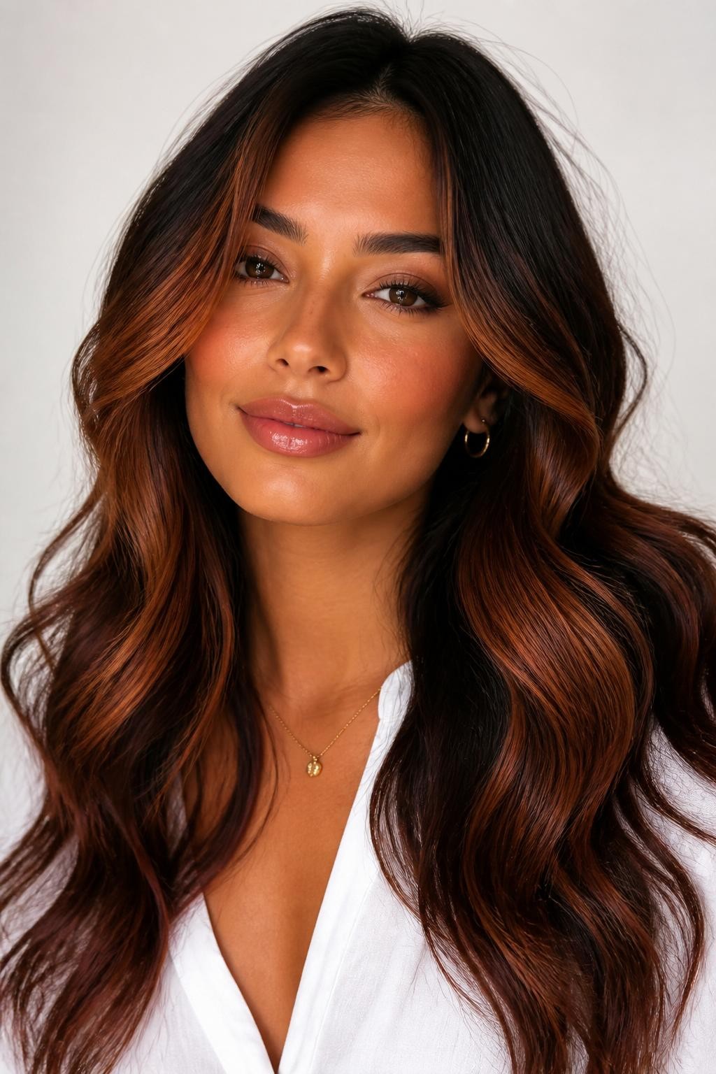 Image Prompt: A beautiful woman with dark brown hair and soft auburn highlights, rich brunette base with warm auburn pieces placed around the face and through the lower layers, loose waves with shine, warm tan skin tone, soft bronzed makeup, glossy lips, small gold jewelry, white blouse, clean bright studio background, soft flattering lighting, realistic DSLR beauty portrait, detailed auburn highlight contrast and shine, no text, (no watermarks on images)
