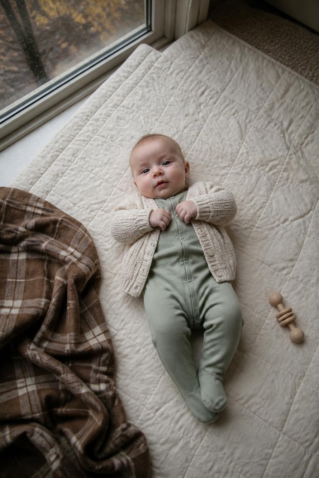 Image Prompt: A white baby around five months old lying safely on their back across a thick quilted play mat beside a large bedroom window, wearing a soft sage-green footed onesie and cream knit cardigan, loosely tucked beside a brown plaid blanket without fabric covering the baby, small hands resting near the chest, cool fall trees and light rain visible through the glass, one wooden rattle placed nearby but out of grabbing distance, natural morning window light falling softly across the face, photographed from directly above with a DSLR 35mm lens, realistic home shadows, natural baby skin texture, slightly wrinkled bedding, modest lived-in bedroom, no loose pillows near the face, no raised surface, no staged sleeping pose.