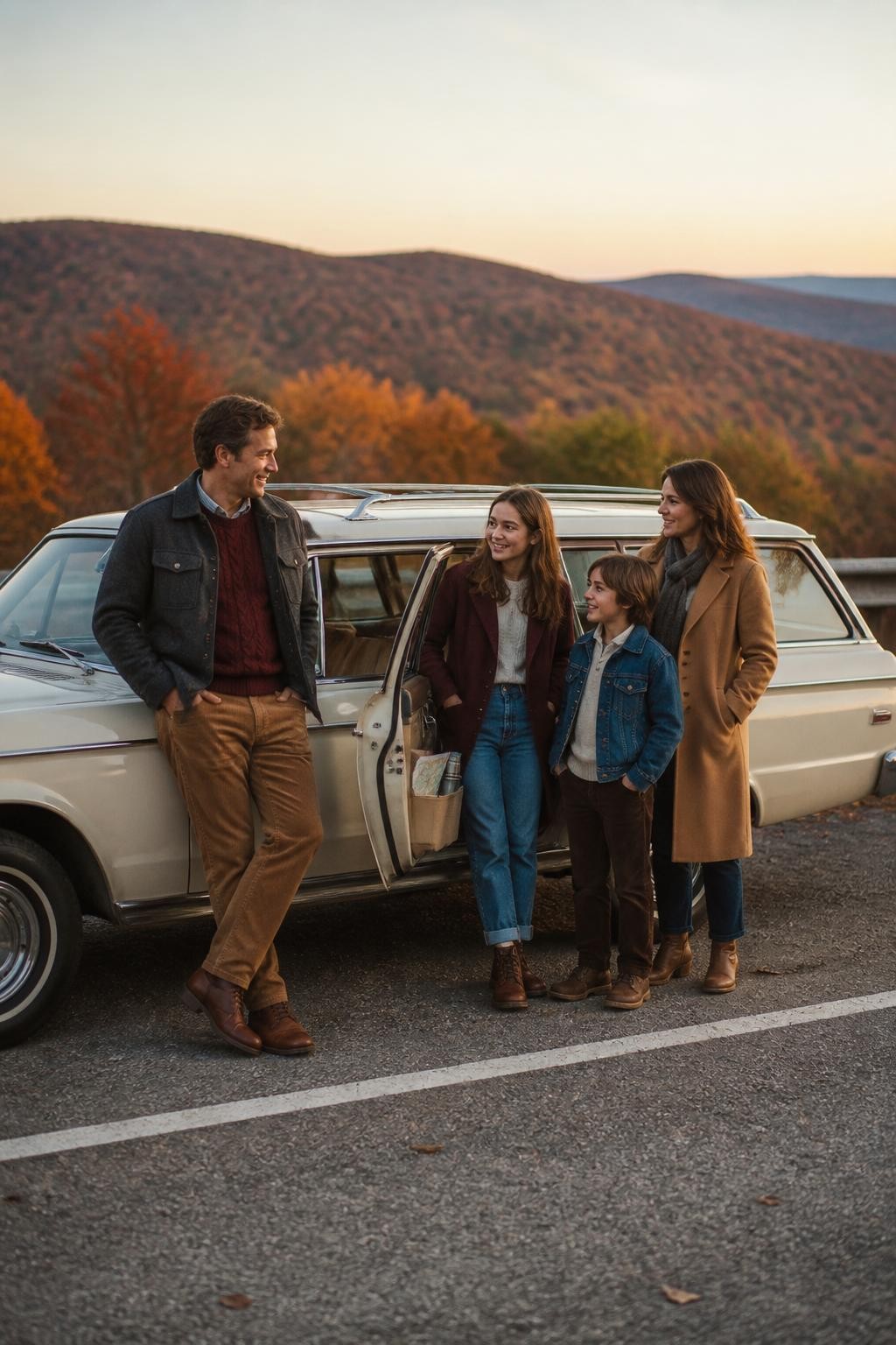 Image Prompt: A white family of four standing beside a well-maintained vintage cream station wagon parked at a safe scenic overlook with red and orange fall hills in the distance, two parents with a teenage daughter and younger son, one parent leaning lightly against the front door while the children stand near the open rear passenger door, coordinated outfits in burgundy, denim blue, camel, charcoal, and ivory, realistic wool coats, corduroy trousers, knit sweaters, and leather boots, a folded road map and thermos visible inside the car, soft evening light, photographed with a DSLR 50mm lens from several feet away, accurate vehicle reflections, believable roadside setting, natural expressions, no luxury travel props, no polished advertisement appearance.