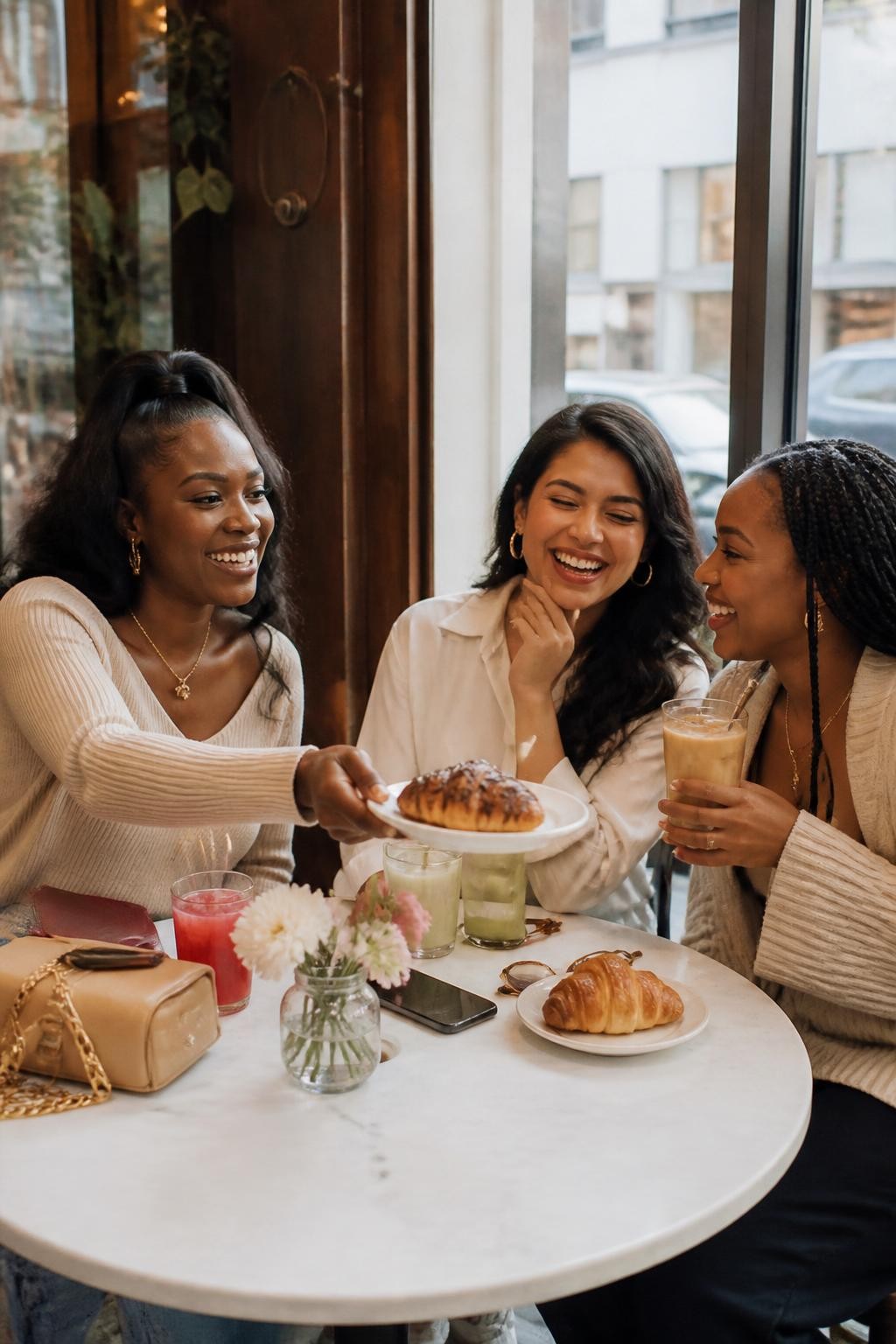 A joyful cafe group photo featuring three adult women at a round cafe table, including two Black women with deep and warm brown skin tones and one woman with medium skin tone, all dressed in soft seasonal outfits, one reaching across the table to pass a pastry plate, one laughing with her hand near her cheek, one holding an iced latte, colorful drinks, croissants, phone, small flowers, and sunglasses on the table, bright cafe window light, natural body movement, imperfect table arrangement, realistic skin texture, DSLR lifestyle photography, warm friendship cafe mood.