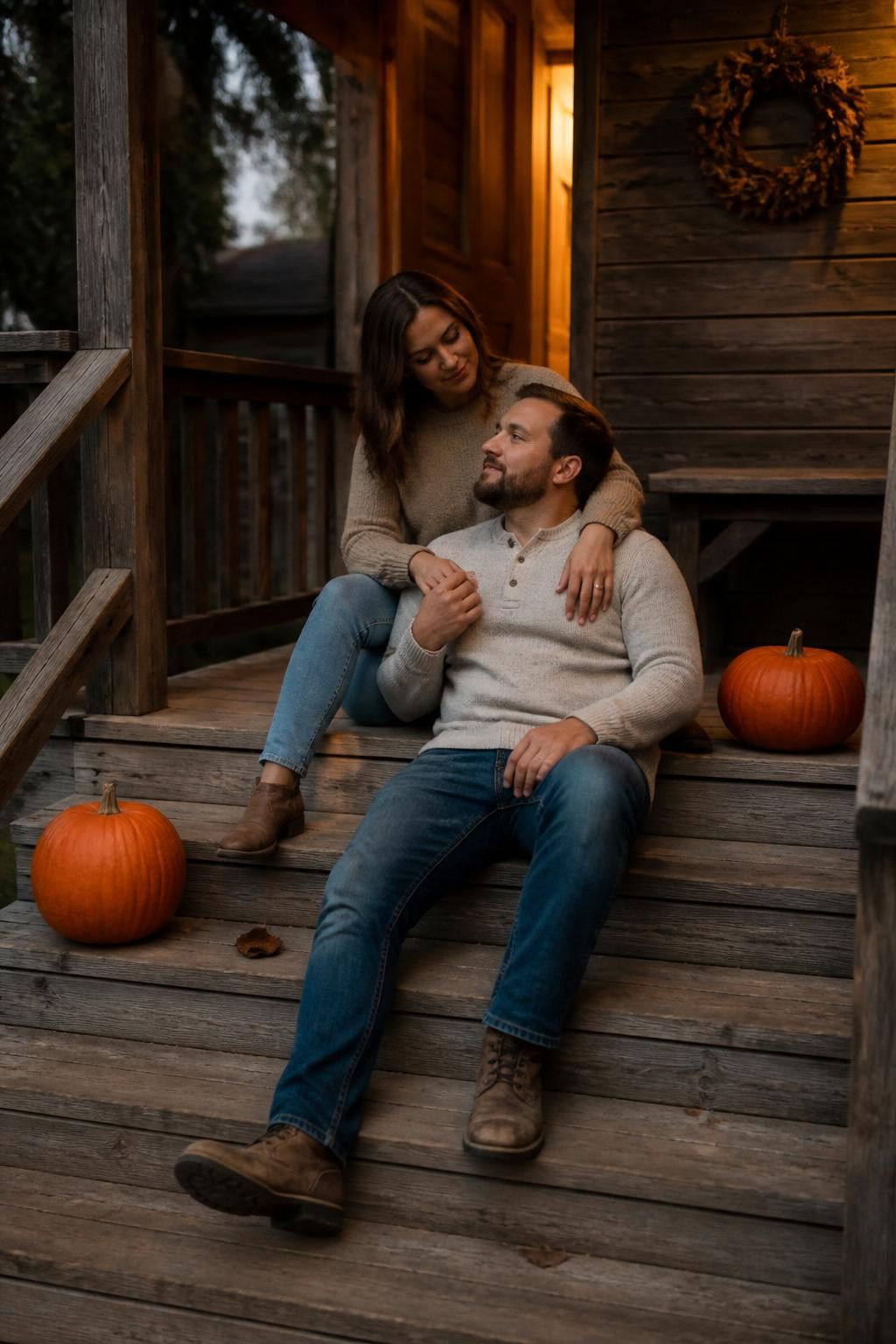 Image Prompt: A cozy couple seated on the worn wooden steps of a small cabin porch decorated only with two real pumpkins and a simple dried-leaf wreath, the woman sitting one step above the man with her legs angled beside him, her arm resting loosely across his shoulder, the man leaning back between her knees and gently holding one of her hands, both wearing soft neutral sweaters, denim, and weathered boots, warm light glowing faintly from the cabin doorway, late-evening outdoor light, photographed with a DSLR 50mm lens from porch level, natural wood grain, realistic pumpkins, relaxed expressions, intimate lifestyle photography, no excessive seasonal decorations.