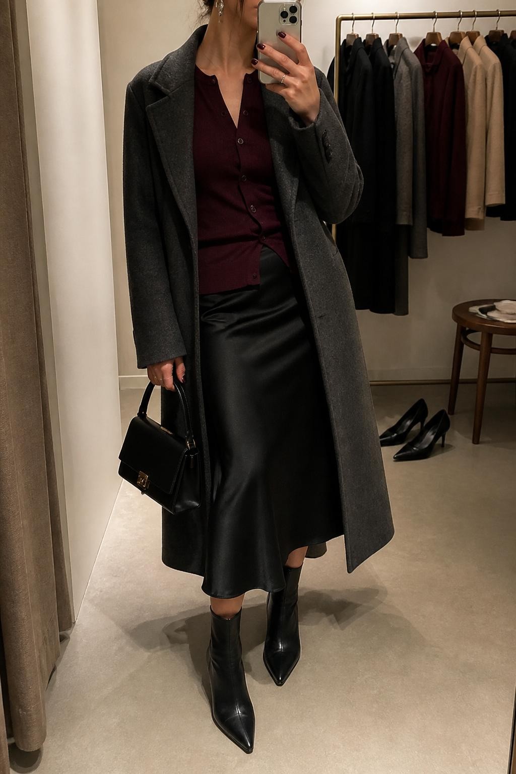 Mirror selfie of a woman wearing a charcoal gray wool coat left open over a fitted burgundy cardigan buttoned as a top and a black satin midi skirt, clearly showing black pointed-toe ankle boots, a small black top-handle bag, and silver drop earrings, holding an iPhone in front of a minimal dressing room mirror, cropped at the neck so the face does not show, relaxed casual selfie pose, warm moody lighting, a clothing rack with garments behind and a pair of heels on the floor nearby, natural unstaged setting, latest iPhone photo quality.