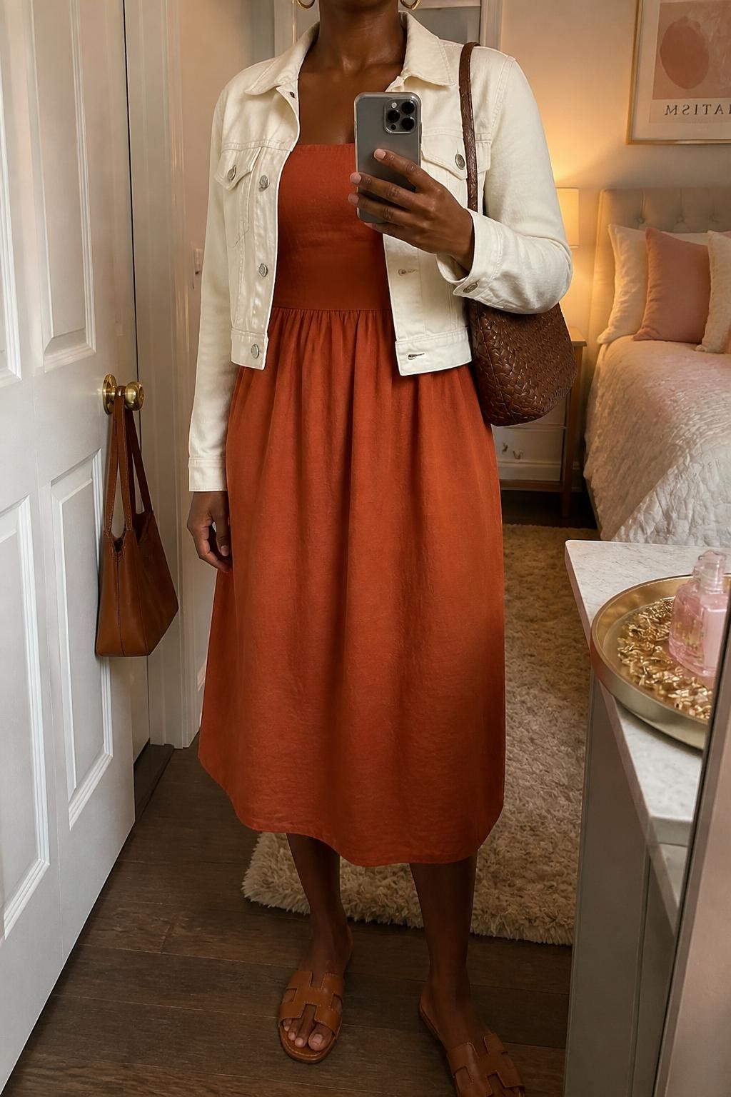 Mirror selfie of a Black woman wearing a rust-orange linen-blend midi dress with a defined waist, cropped cream denim jacket, tan leather flat sandals, woven brown shoulder bag, and small hammered-gold hoop earrings, clearly showing the exact clothing items, colors, fabrics, and accessories listed, holding a phone in front of a feminine-themed bedroom mirror, cropped at the neck so the face does not show, relaxed casual selfie pose, evening golden-hour lighting, a handbag hanging on a door handle and a jewelry tray on the vanity, warm and realistic, latest iPhone photo quality.