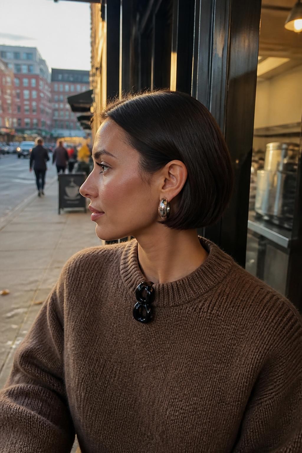 Image prompt: Photo of a woman wearing a sleek cheekbone-length micro bob with both sides tucked behind her ears and a soft off-center part, side profile view, softly blurred city street background outside a small coffee shop, golden hour glow, containing silver statement earrings and a hair clip clipped to her sweater collar, realistic casual fall photo, latest iPhone photo quality.