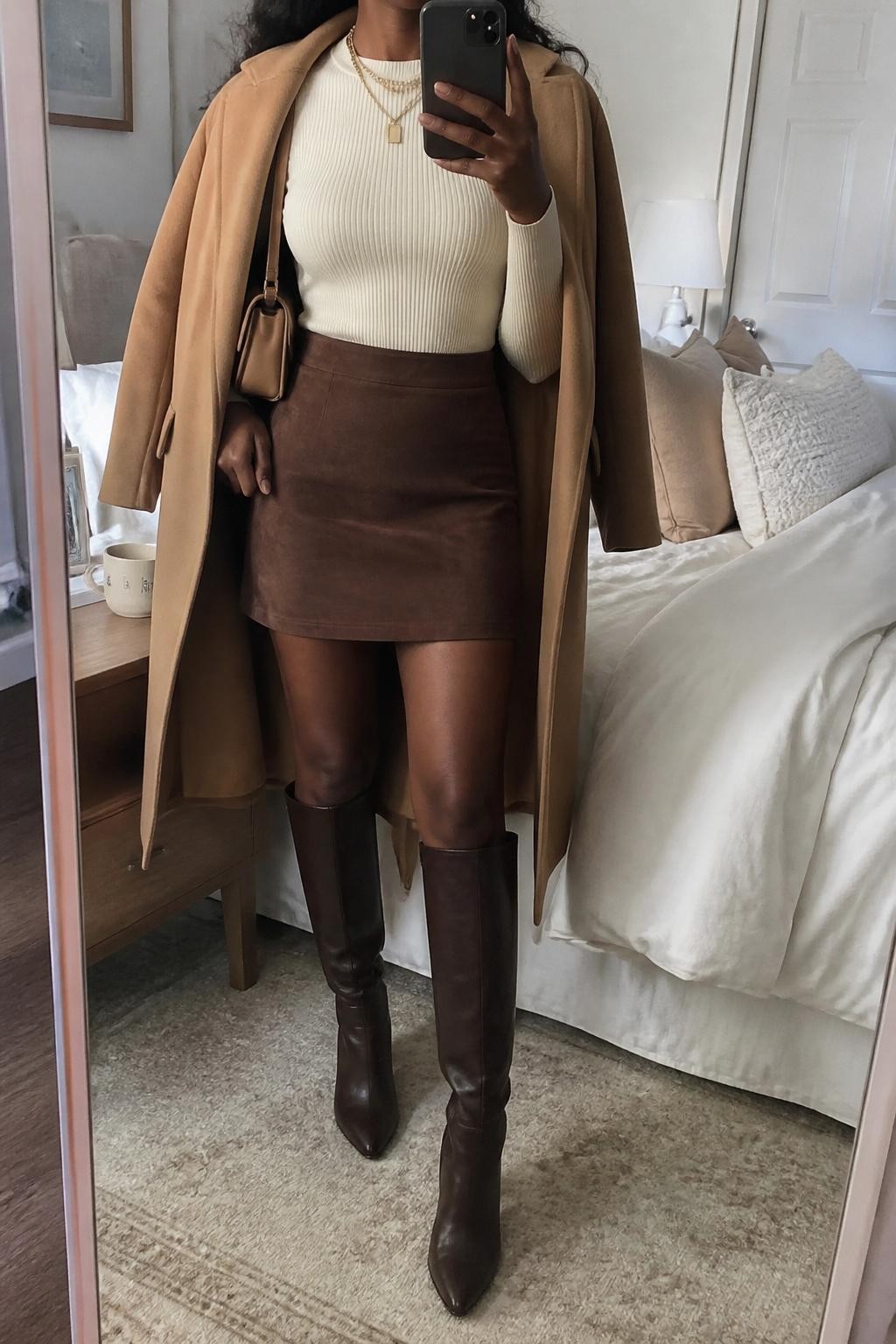 mirror selfie of a Black woman wearing the exact outfit described above, clearly showing a chocolate brown suede mini skirt, cream fitted knit long-sleeve top, tall chocolate brown boots, camel wool coat draped open, a tan mini shoulder bag, and gold layered necklaces, holding a phone in front of a mirror, cropped at NECK so the face does not show, with a relaxed casual selfie pose, in a cozy bedroom mirror setup, soft indoor lighting, with a coffee mug on a bedside table and soft pillows on an unmade bed, latest iPhone photo quality.