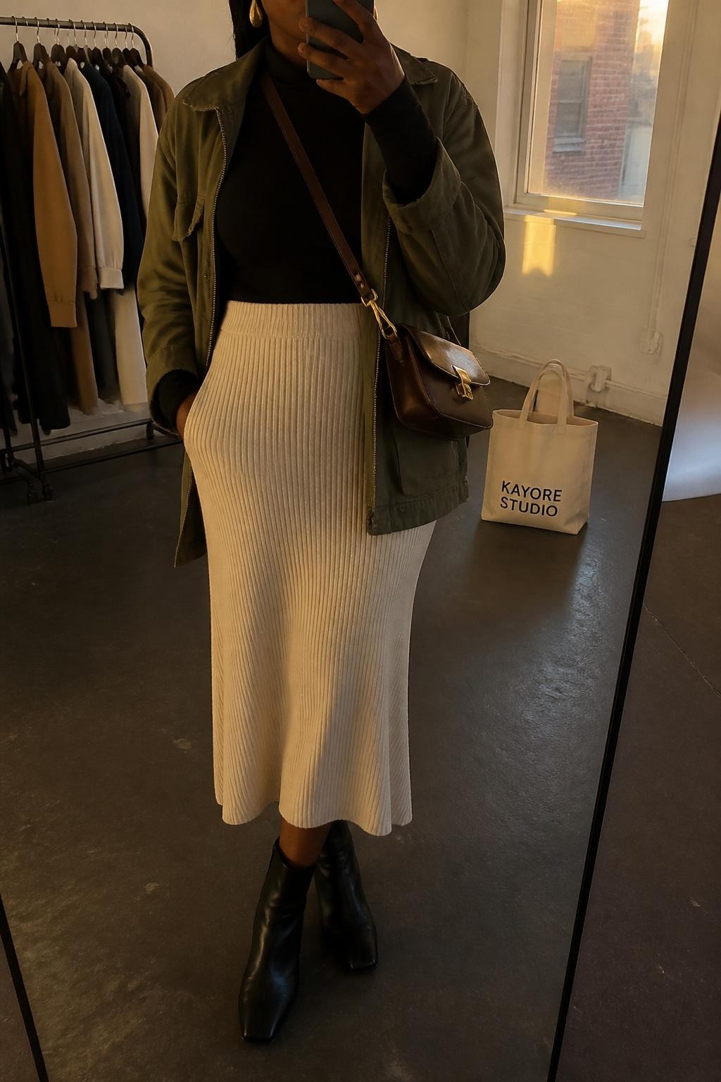 Mirror selfie of a Black woman wearing an olive utility jacket, fitted black long-sleeve top, cream knit midi skirt, black ankle boots, gold drop earrings, and a dark brown crossbody bag, cropped at neck so the face does not show, in a fashion studio mirror corner with evening golden hour light, a clothing rack with garments behind and a tote bag resting on the floor, realistic latest iPhone photo quality.