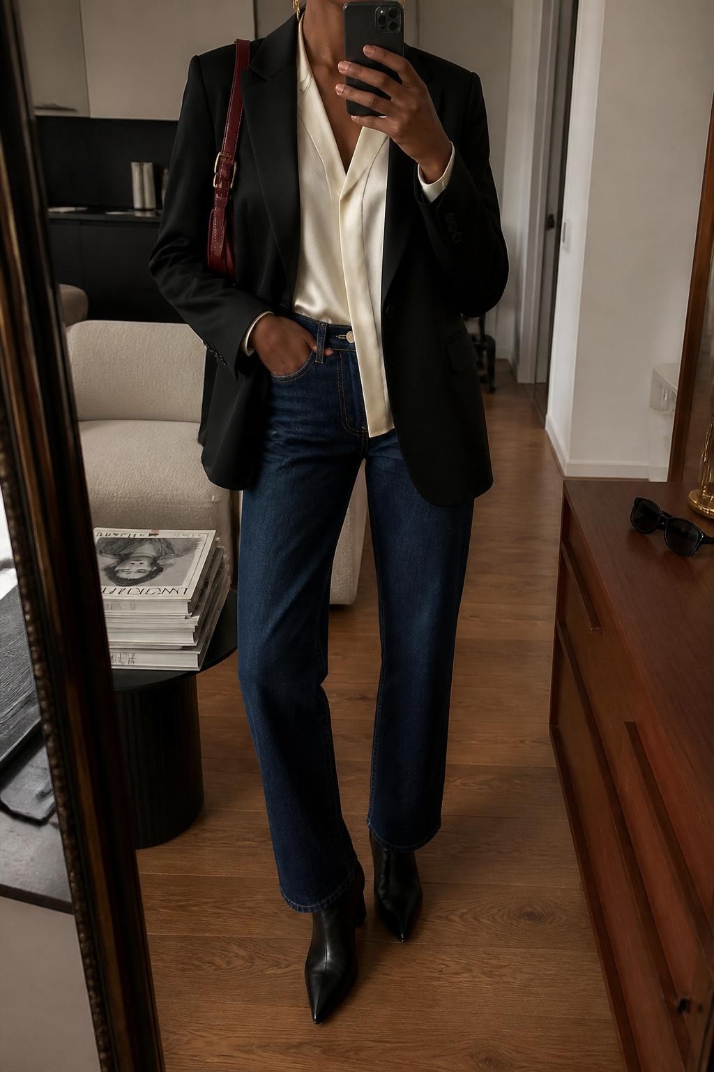 mirror selfie of a Black woman wearing the exact outfit described above, clearly showing black pointed ankle boots, dark blue straight-leg jeans, an ivory satin blouse, a black tailored blazer, a burgundy shoulder bag, and gold drop earrings, holding a phone in front of a mirror, cropped at NECK so the face does not show, with a relaxed casual selfie pose, in a stylish city apartment, warm moody lighting, with a stack of fashion magazines on a side table and sunglasses placed on a dresser, latest iPhone photo quality.