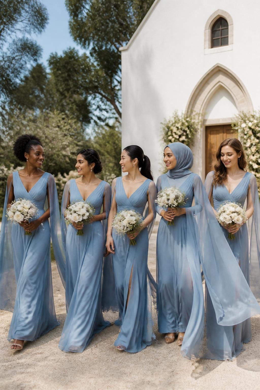 Realistic outdoor wedding image of five bridesmaids wearing dusty blue chiffon gowns with clean V-neck bodices, softly gathered waists, and long split cape sleeves attached at the shoulders, women of West African, South Asian, East Asian, Middle Eastern, and European appearance with deep, golden brown, olive, tan, and fair complexions, bright expressive faces, realistic pores and subtle makeup, hairstyles including natural coils, a braided crown, smooth hijab styling, polished ponytail, and loose waves, walking beside a white countryside chapel surrounded by mature trees, cream flowers, pale stone pathways, and a soft blue sky, light breeze lifting the chiffon capes naturally, visible transparency, gentle shadows, and believable proportions, documentary-style DSLR wedding photography.