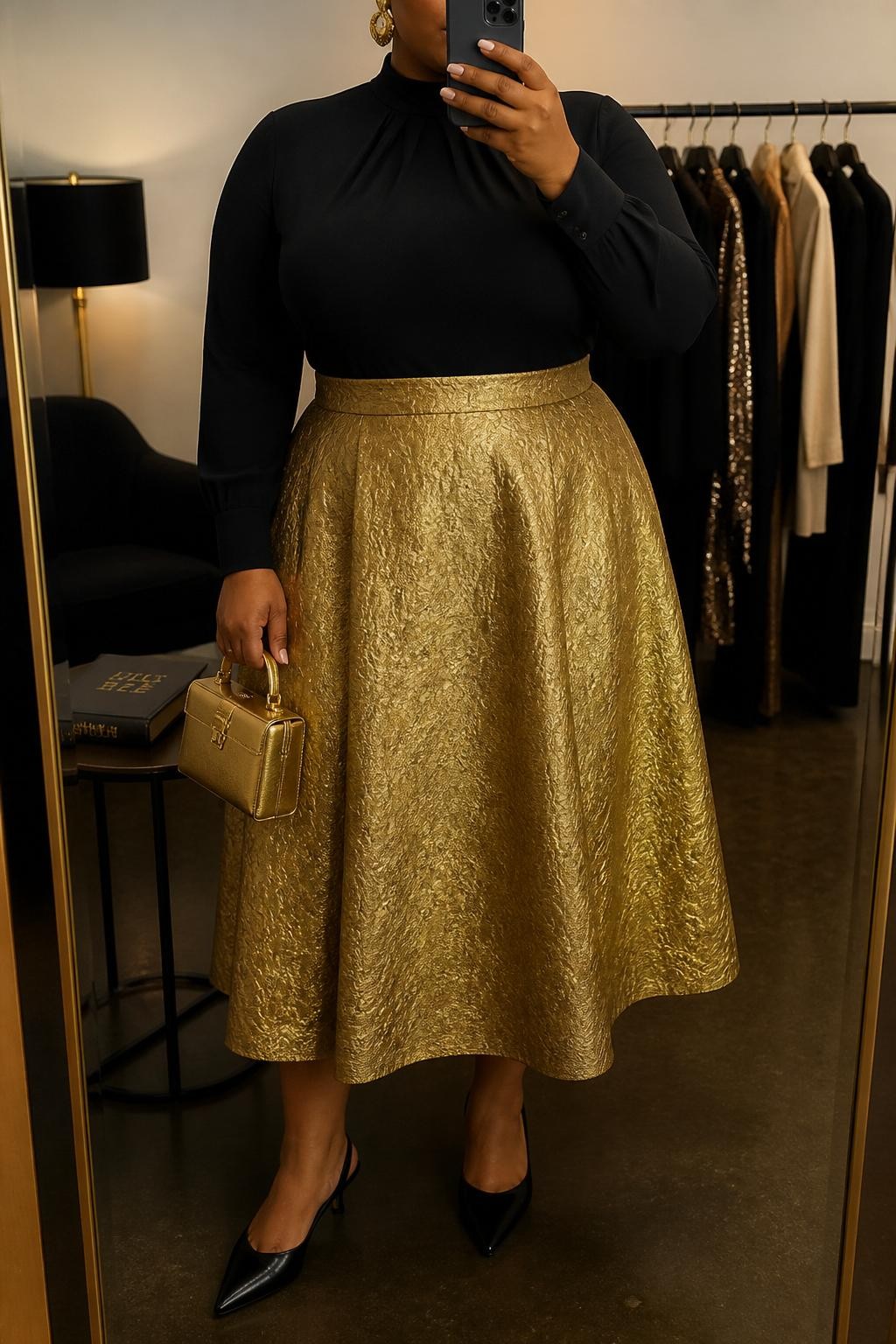 Mirror selfie of a plus size woman wearing a metallic gold high-waisted jacquard A-line midi skirt, a fitted black long-sleeve mock-neck blouse, black pointed kitten heels, a small gold hard-case handbag, and chunky gold cuff earrings, clearly showing the exact clothing items, gold jacquard texture, black blouse, footwear, and accessories listed, holding a phone in front of a mirror, cropped at the neck so her face does not appear, relaxed elegant selfie stance, in a fashion studio mirror corner with warm moody lighting, a Bible resting on a side table and a clothing rack with garments behind her, realistic holiday church outfit, latest iPhone photo quality.