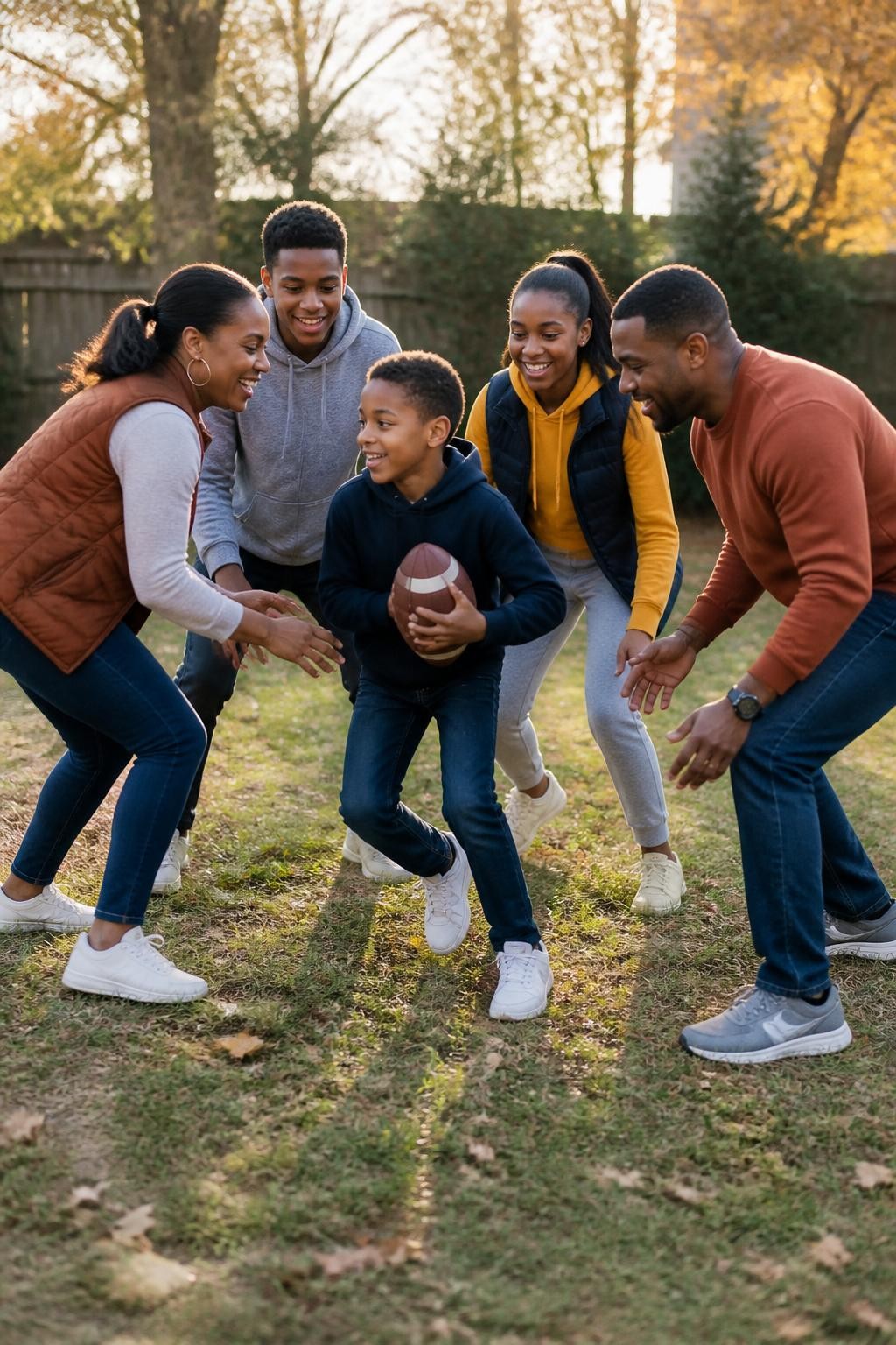 Image Prompt: A playful Black family of five gathered in a backyard during a casual fall football game, two parents with two teenage children and one younger child, the younger child holding the football at the center while the others gather around laughing and pretending to plan the next play, comfortable outfits in gray, rust, navy, mustard, and dark denim, simple sweatshirts, quilted vests, joggers, jeans, and sneakers, a wooden fence, mature trees, and scattered leaves in the background, soft late-afternoon sunlight, photographed with a DSLR 35mm lens at waist level, realistic athletic movement, natural family expressions, slightly worn grass, no professional sports uniforms, no staged touchdown celebration.