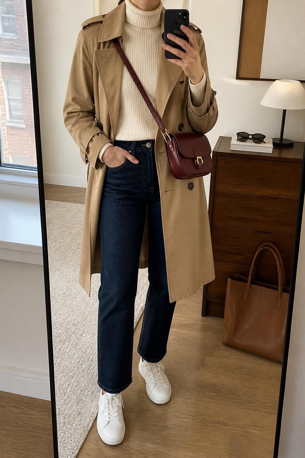 Mirror selfie of a woman wearing a knee-length camel trench coat, fitted cream ribbed turtleneck, dark indigo straight-leg jeans, white leather sneakers, and a structured burgundy crossbody bag, clearly showing the exact clothing items, colors, fabrics, and accessories listed, holding a phone in front of a stylish city apartment mirror, cropped at the neck so the face does not show, relaxed casual selfie pose, natural window light, sunglasses placed on a dresser and a tote bag resting on the floor, natural and uncluttered, latest iPhone photo quality.