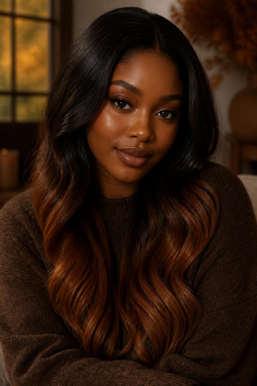 Image Prompt: A beautiful Black woman with long espresso brown hair and copper-dipped ends, dark glossy roots and mid-lengths blending into warm copper tips, soft loose waves, deep brown skin, natural glam makeup, chocolate brown sweater, cozy fall indoor setting, warm window light, realistic DSLR beauty editorial portrait, visible smooth color transition, no text, (no watermarks on images)