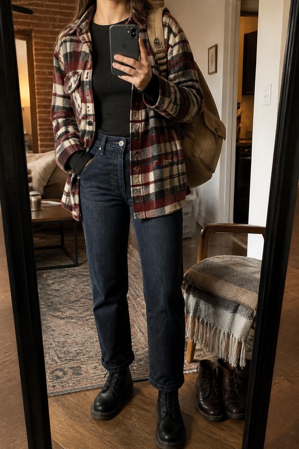 Mirror selfie of a woman wearing an oversized burgundy, cream, and charcoal plaid wool-blend shacket over a fitted black thermal top, dark indigo straight-leg jeans, black leather lace-up boots, and a tan canvas backpack, clearly showing the exact clothing items, colors, fabrics, and accessories listed, holding a phone in front of a stylish city apartment mirror, cropped at the neck so the face does not show, relaxed casual selfie pose, warm moody lighting, a folded blanket on a chair and a pair of boots on the floor nearby, natural lived-in setting, latest iPhone photo quality.