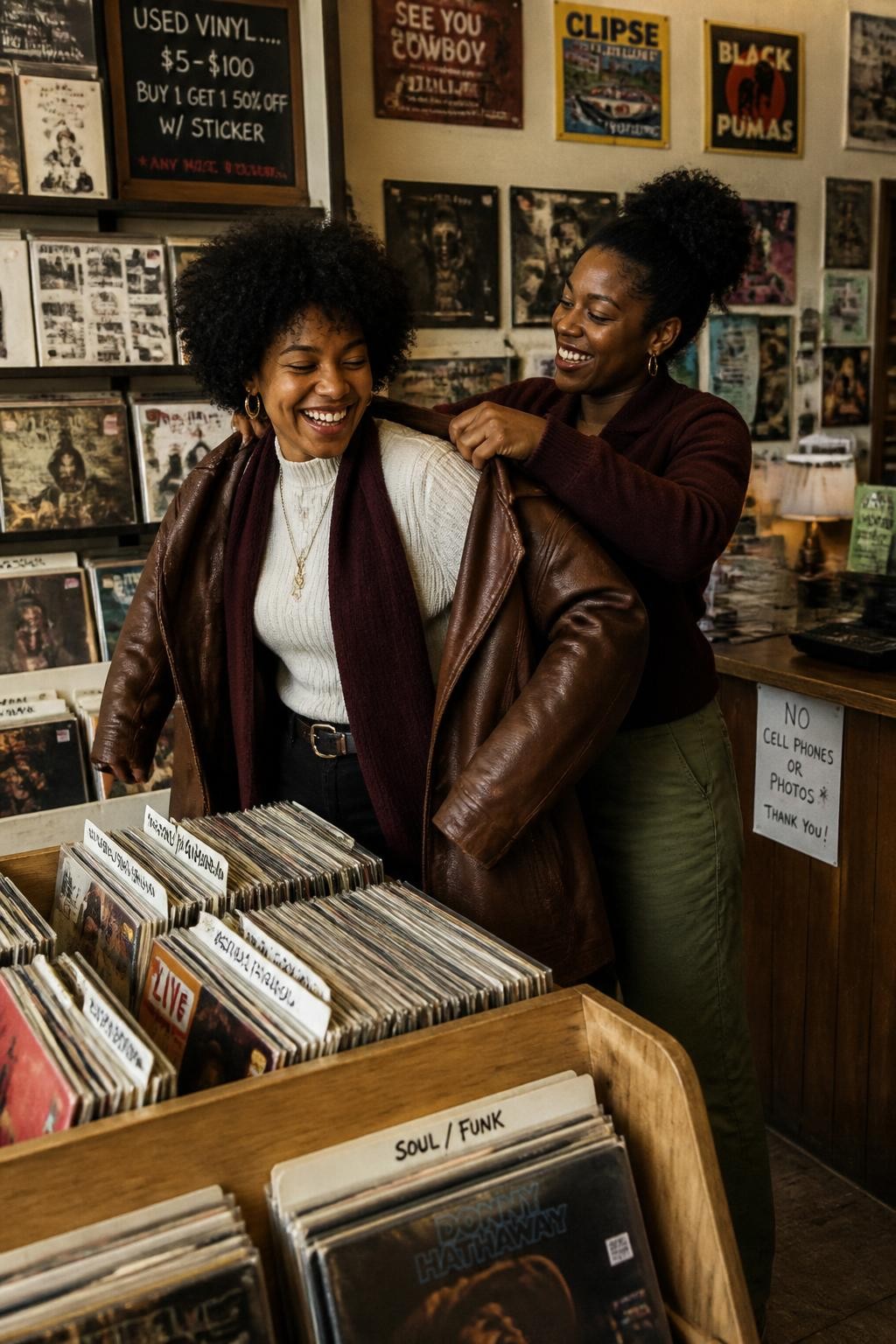 Image Prompt: Two Black female best friends inside a small independent record store on a cool fall afternoon, one helping the other slip into an oversized brown leather jacket while both laugh near a wooden record display, wearing layered outfits in burgundy, cream, dark denim, and olive, realistic vinyl shelves, handwritten section labels, posters, and a slightly cluttered counter in the background, mixed window light and warm indoor lighting, photographed with a DSLR 35mm lens from a nearby aisle, detailed dark skin, natural hands, authentic clothing movement, believable public shop interior, no empty shelves, no polished studio styling.