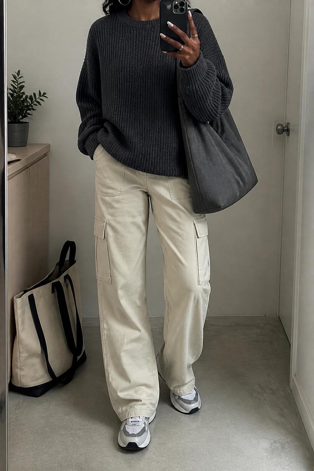 Mirror selfie of a Black woman wearing a charcoal oversized knit sweater, cream cargo jeans, gray and white sneakers, silver hoop earrings, and a gray slouchy tote bag, holding a phone in front of a mirror, cropped at NECK so the face does not show, relaxed casual selfie pose, in a minimal dressing room, soft indoor lighting, with a tote bag resting on the floor and a small plant on a dresser, latest iPhone photo quality.