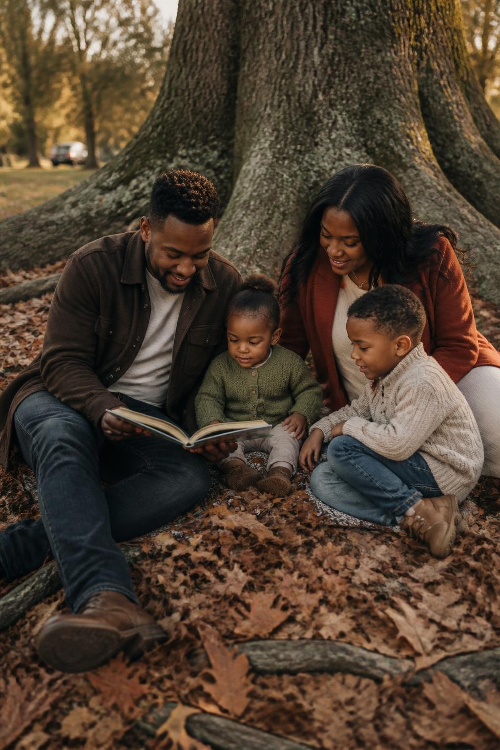 Image Prompt: A Black family of four sitting around a small natural pile of dry leaves beneath a large oak tree, two parents with a toddler and a seven-year-old child, one parent holding an open picture book while the children sit close and look at the pages, the second parent leaning in with one hand resting behind the toddler for support, warm layered outfits in terracotta, olive, cream, chocolate brown, and denim, a plain wool blanket partially visible beneath the leaves, real tree roots and uneven ground, soft golden-hour side light, photographed with a DSLR 50mm lens from a low angle, realistic book pages, natural skin texture, genuine concentration and smiles, slightly messy leaves, no oversized decorative pile, no posed studio expressions.