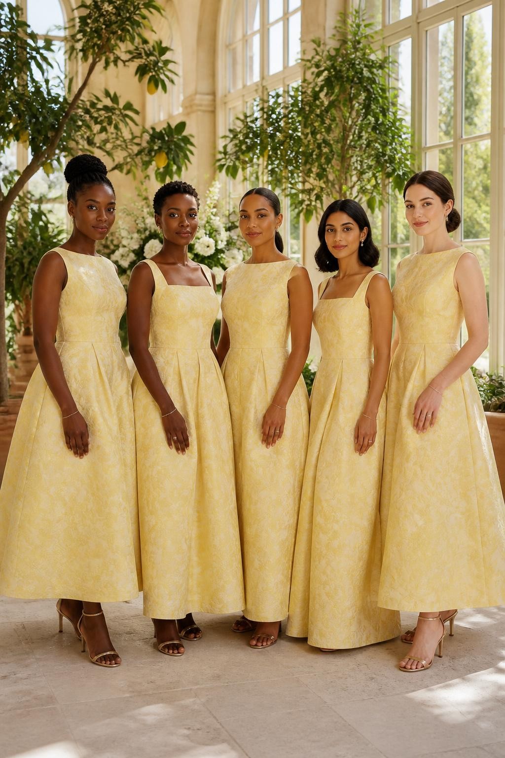 Realistic formal daytime wedding portrait of five bridesmaids wearing tonal butter yellow jacquard gowns with woven buttercups, curling vines, and abstract petals, fitted bateau and square-neck bodices, softly pointed waistlines, and full ankle-length skirts, women with deep cool brown, rich warm brown, caramel, South Asian olive, and pale neutral complexions, naturally varied ages, heights, and body shapes, bright poised faces with distinct features and realistic makeup, hairstyles including a high braided bun, cropped coils, glossy ponytail, shoulder-length waves, and classic chignon, standing inside a bright orangery with tall windows, potted citrus trees, ivory flowers, and pale limestone flooring, angled sunlight revealing the woven botanical design without excessive shine, authentic fabric stiffness, deep skirt folds, elegant heels visible and naturally posed hands.