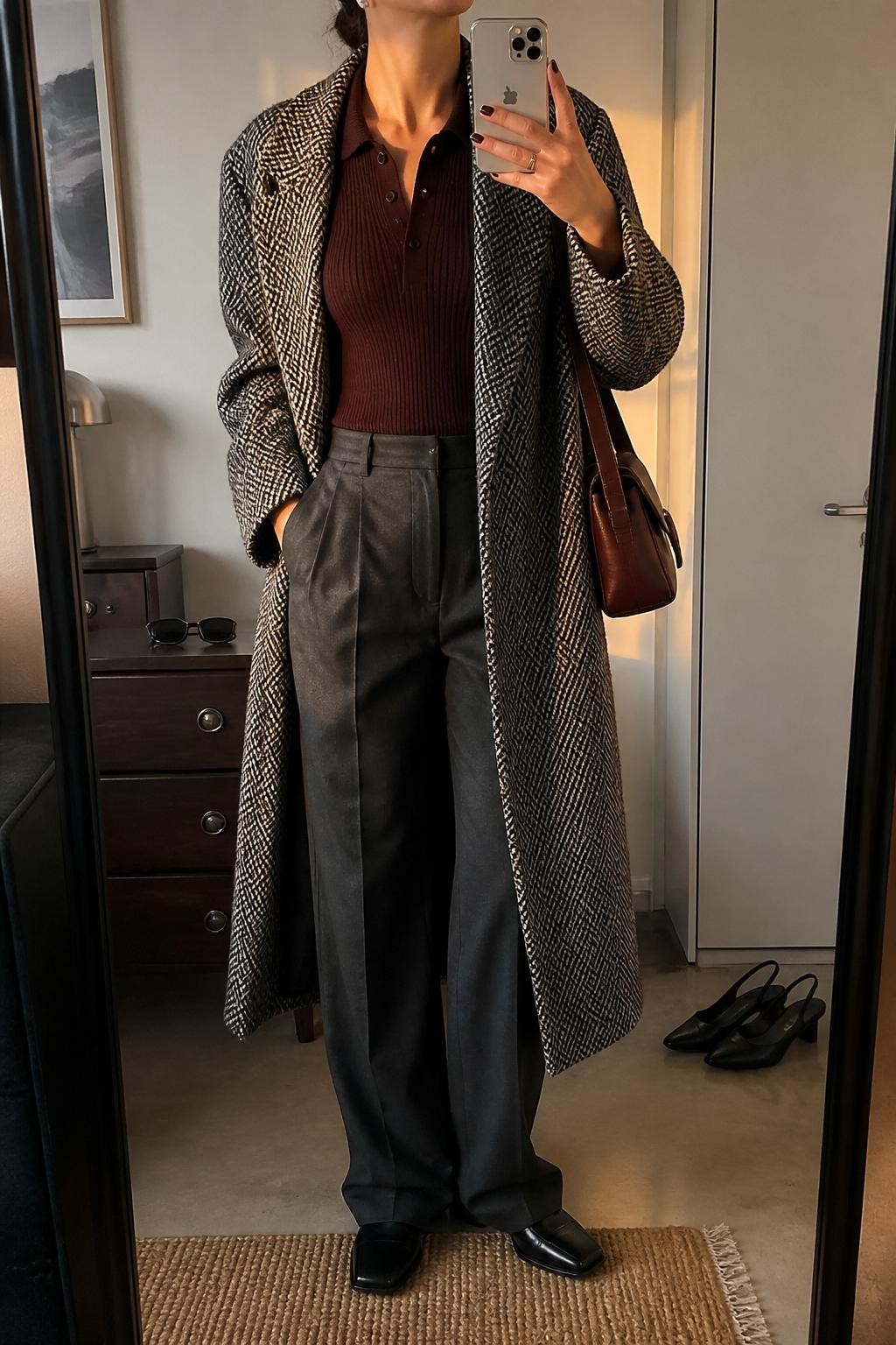 Mirror selfie of a woman wearing a long black-and-gray herringbone coat over a fitted burgundy knit polo and charcoal pleated trousers, clearly showing black square-toe loafers, a dark burgundy shoulder bag, and small silver stud earrings, holding an iPhone in front of a minimal dressing room mirror, cropped at the neck so the face does not show, relaxed casual selfie pose, evening golden hour light, sunglasses placed on a dresser and a pair of heels on the floor nearby, natural unstaged setting, latest iPhone photo quality.