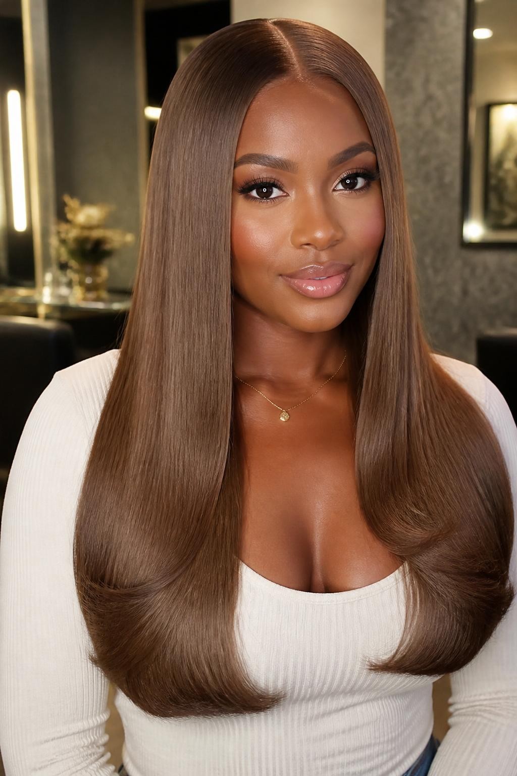 Image Prompt: A stunning woman with a long sleek silk press dyed glossy milk brown, center part, silky straight strands with smooth shine, softly curled-under ends, warm deep brown skin, clean soft glam makeup, glossy nude lips, small gold necklace, fitted cream top, luxury salon-inspired background, soft even lighting, waist-up beauty portrait, realistic DSLR quality, detailed straight hair shine and creamy brown color, no text, (no watermarks on images)