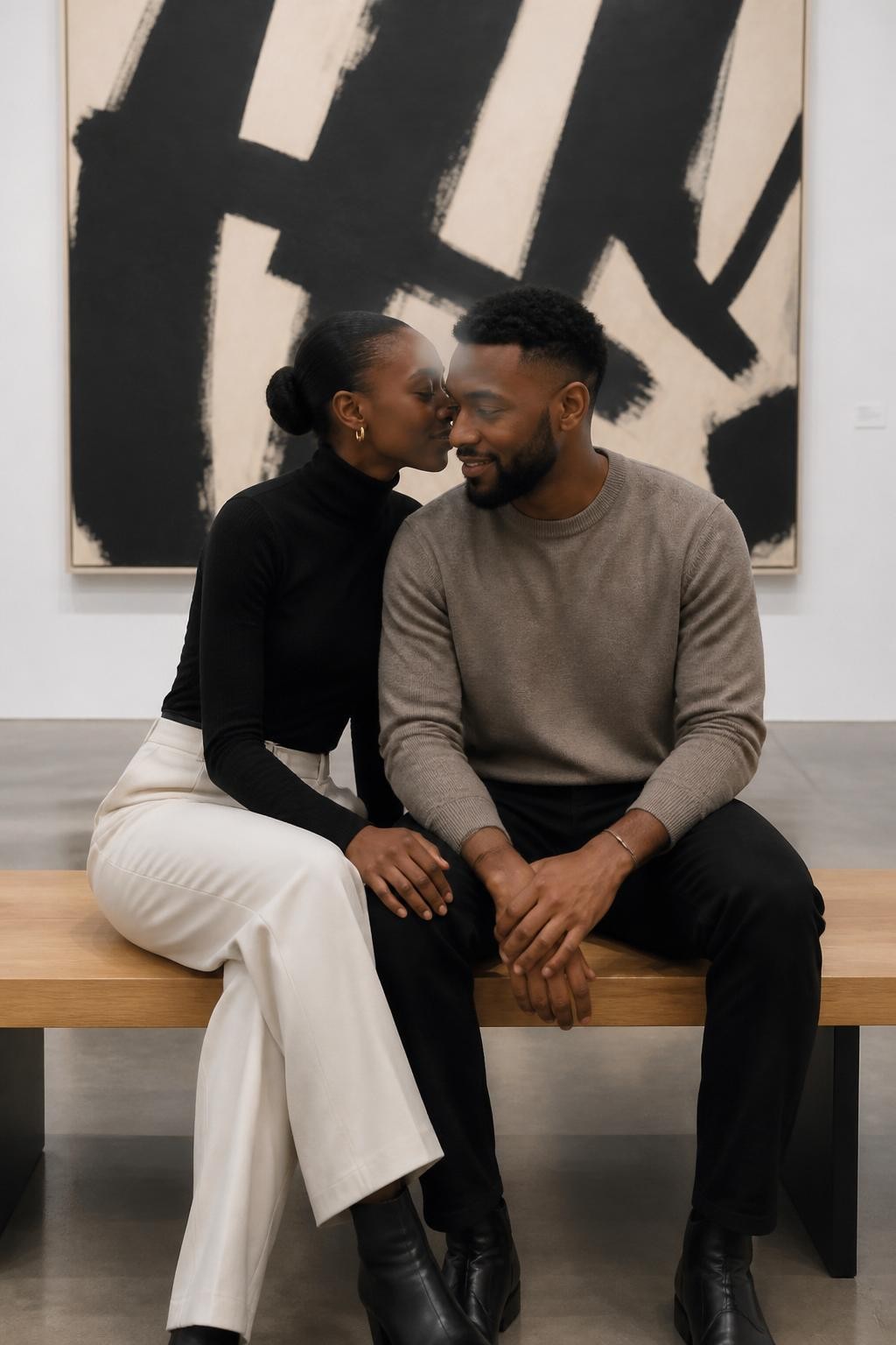 Image prompt: A refined DSLR photo of an adult couple seated on a wooden bench inside a modern art museum, featuring a Black woman with dark brown skin wearing a fitted black turtleneck, cream trousers, and small gold earrings, leaning slightly toward her partner as if whispering something, his head tilted toward her with a soft smile, large abstract painting on the wall behind them, polished concrete floor, clean museum lighting, their hands resting close on the bench between them, realistic clothing texture, calm editorial couple photography, stylish and intimate without being overly posed.