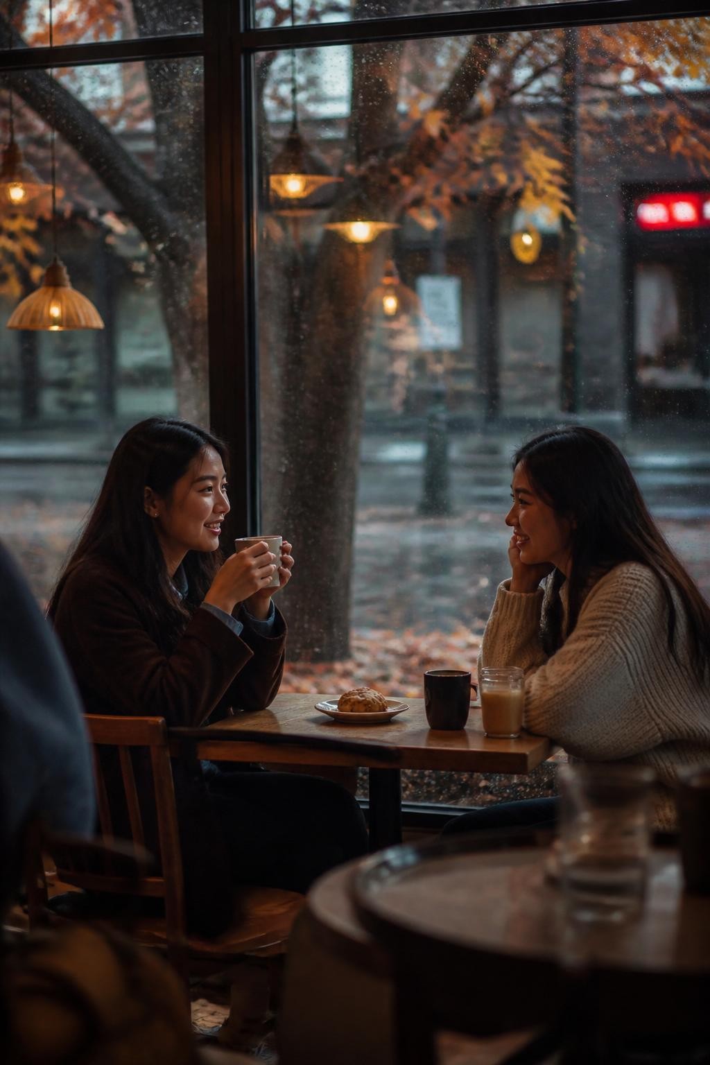 Image Prompt: Two East Asian female best friends sitting across from each other beside a large café window on a rainy fall afternoon, one holding a ceramic mug with both hands while the other leans forward with one elbow near the table and listens with a warm smile, wearing polished casual layers in chocolate brown, dusty blue, cream, and dark denim, two simple drinks and one shared pastry on the small wooden table, warm pendant lights reflected softly in the rain-covered glass, wet pavement and orange leaves outside, photographed from a nearby table using a DSLR 50mm lens, realistic café clutter, subtle low-light grain, natural expressions, believable public interior, no empty staged coffee shop.