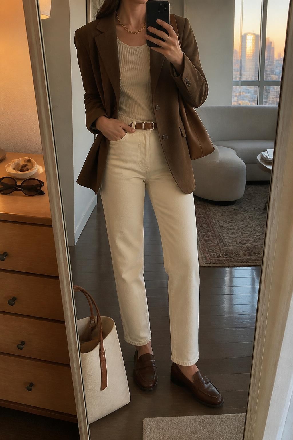 Mirror selfie of a woman wearing a brown suede blazer, ivory knit shell top, ivory straight-leg jeans, brown leather loafers, a gold chain necklace, and a tan shoulder bag, cropped at neck so the face does not show, in a stylish city apartment mirror with evening golden hour light, sunglasses on a dresser and a tote bag resting on the floor, realistic latest iPhone photo quality.
