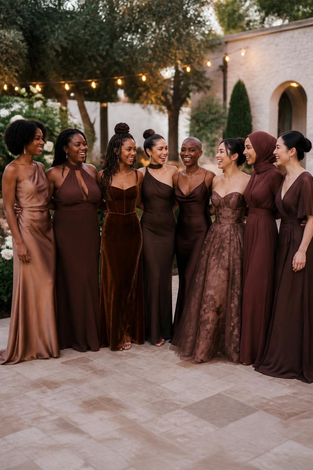 Realistic large bridal party photograph of eight bridesmaids wearing intentionally mismatched floor-length gowns in latte, caramel, cinnamon, chestnut, mocha, mahogany, chocolate, and espresso brown, fabrics including satin, chiffon, velvet, crepe, organza, tulle, and subtle botanical jacquard, silhouettes including one-shoulder, halter, square neck, cape sleeve, cowl neck, corset bodice, wrap dress, and open-back designs, women with very deep, deep brown, reddish brown, golden, olive, tan, East Asian fair, and pale freckled skin tones, broad representation of ages, heights, and body shapes, bright beautiful faces and genuine laughter, hairstyles including natural coils, braids, locs, waves, sleek buns, and a softly styled hijab, standing in a lush estate courtyard with cream stone, mature trees, white flowers, and warm string lights, each fabric responding differently to the evening light, realistic spacing, candid movement, and detailed DSLR wedding photography.