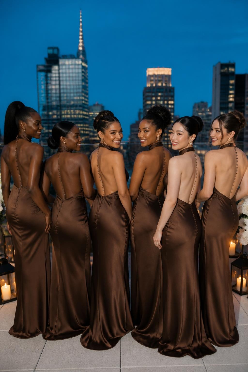 Realistic sophisticated wedding image of six bridesmaids wearing umber brown satin gowns with high gathered necklines, sleeveless shoulders, fitted waists, and elegant open backs secured with small covered buttons, women with very deep brown, dark brown, cinnamon, golden olive, East Asian fair, and pale rosy skin tones, bright poised faces with realistic skin and varied facial features, hair styled in sculptural buns, braided updos, natural puffs, and polished ponytails to reveal the back details, photographed on a modern hotel rooftop at dusk with warm city lights, black lanterns, white flowers, and a soft blue evening sky, realistic satin highlights and small wrinkles where the women move, editorial DSLR wedding photography.