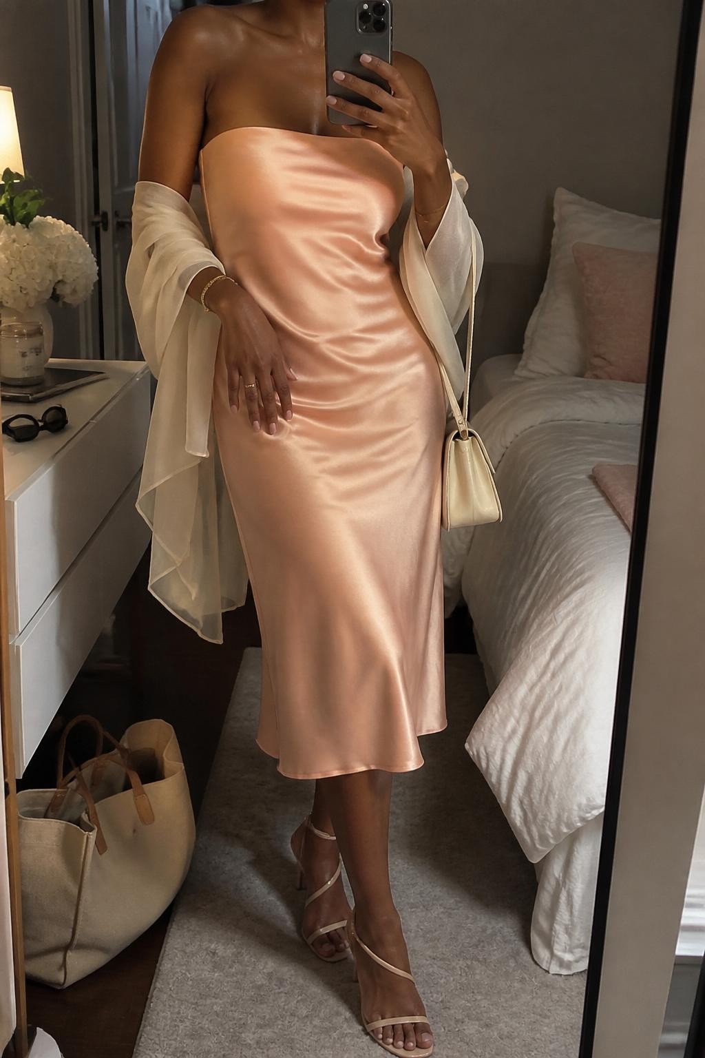 Image prompt mirror selfie of a black woman wearing a soft peach satin strapless midi dress with an ivory chiffon sheer wrap, nude heeled sandals, pearl stud earrings, and a cream mini shoulder bag, holding a phone in front of a mirror, cropped at NECK so face doesn't show, with a natural casual selfie pose, in a feminine-themed bedroom, warm moody lighting, including small lived-in details like a tote bag on the floor, sunglasses on a dresser, or soft bedding in the background, latest iPhone photo quality.
