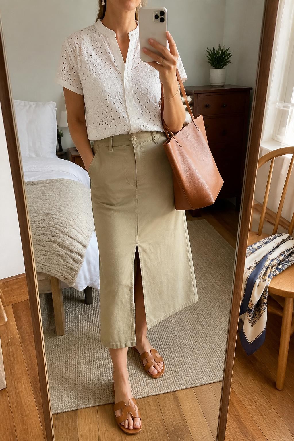 mirror selfie of a woman wearing the exact outfit described above, clearly showing a khaki cotton midi skirt with a front slit, white short-sleeve eyelet blouse tucked in, tan leather sandals, a brown leather tote bag, and pearl drop earrings, holding a phone in front of a mirror, cropped at NECK so the face does not show, with a relaxed casual selfie pose, in a warm bedroom mirror setup, natural window light, with a small plant on a dresser and a folded scarf on a chair, latest iPhone photo quality.