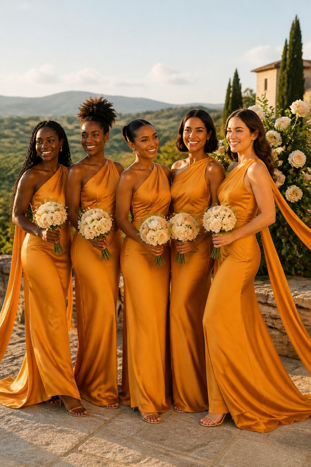 Realistic golden-hour wedding image of five bridesmaids wearing rich marigold satin one-shoulder gowns with softly gathered necklines and long narrow sashes flowing from the shoulder, women with very deep brown, dark warm brown, golden brown, olive, and pale peach skin tones, different heights and body proportions represented naturally, bright confident faces, realistic pores and warm makeup, hairstyles including long twists, a high curly puff, sleek bun, polished bob, and loose waves, standing along a vineyard terrace with pale stone walls, green vines, cream flowers, and distant hills, gentle wind lifting the shoulder sashes and skirts, warm sunlight revealing natural fabric ripples, cinematic DSLR wedding photography.