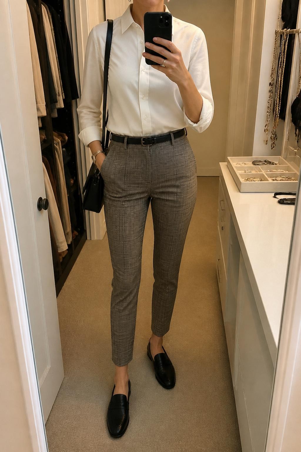 Mirror selfie of a woman wearing an ivory button-down shirt tucked into gray and brown plaid cigarette pants, black loafers, a slim black belt, pearl stud earrings, and a black leather shoulder bag, cropped at neck so the face does not show, in a walk-in closet mirror with soft indoor lighting, an open closet with clothes visible and a jewelry tray on the vanity, realistic latest iPhone photo quality.