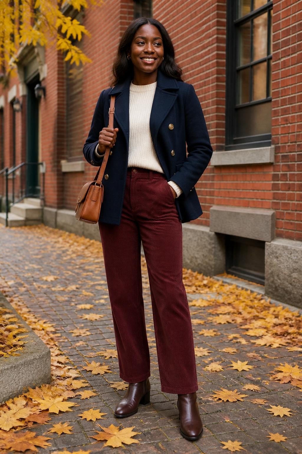 Realistic full-body DSLR fashion photo of a smiling Black woman wearing a navy double-breasted peacoat over a cream ribbed sweater, burgundy straight-leg corduroy trousers, dark brown ankle boots, and a tan leather satchel, standing near a red brick building with yellow fall leaves on the ground, soft natural daylight, exact clothing textures and colors visible, polished relaxed pose.