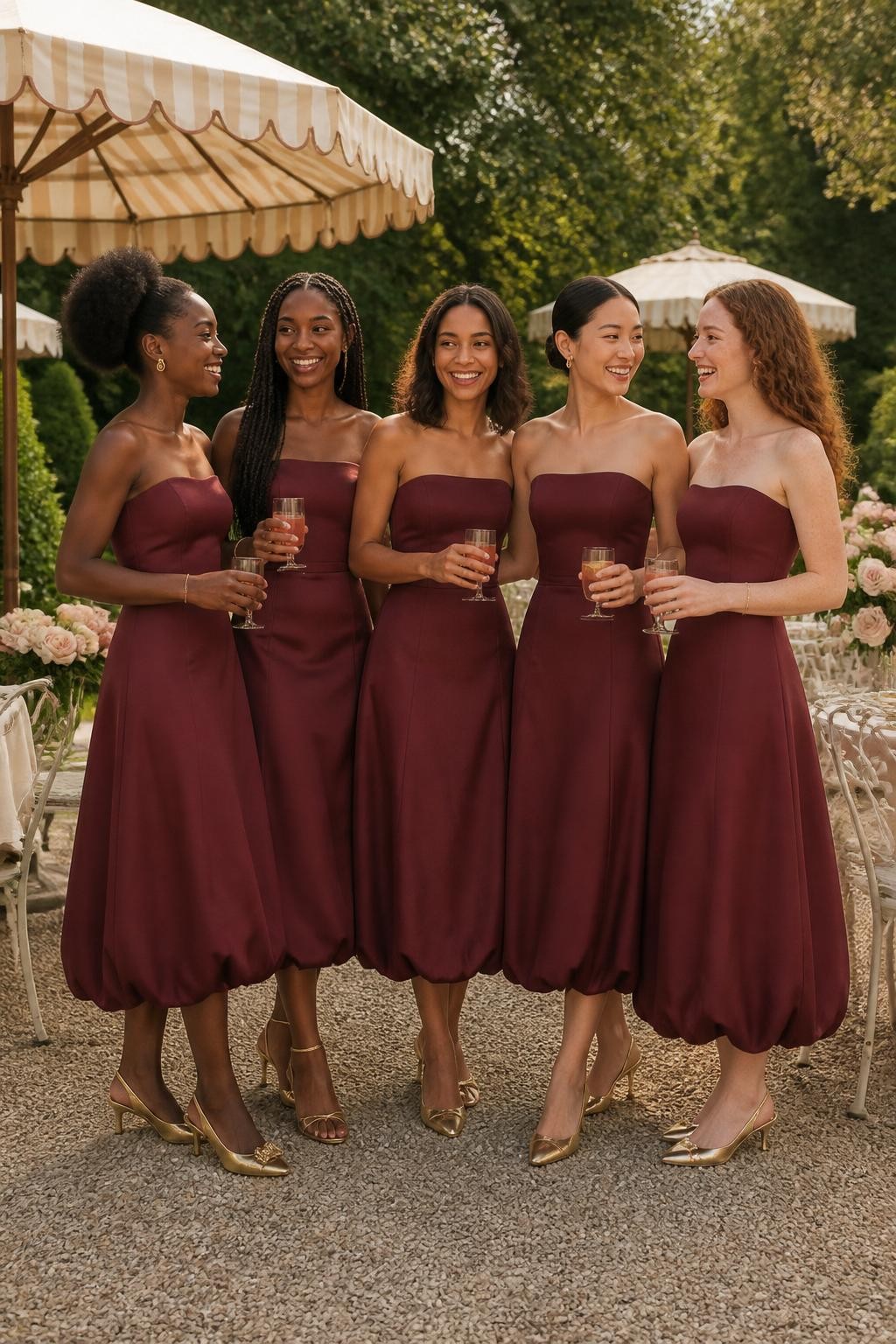 Realistic fashion-forward garden wedding image of five bridesmaids wearing wine-maroon midi dresses with softly curved strapless necklines, elongated fitted bodices, and rounded bubble hems ending around the lower calf, women with very deep brown, dark warm brown, medium caramel, East Asian light beige, and fair freckled skin tones, naturally varied heights and body shapes, bright joyful faces with genuine smiles, realistic skin texture and understated makeup, hairstyles including a sculpted afro puff, long braids, shoulder-length bob, polished bun, and soft curls, standing at a stylish garden reception with striped cream parasols, white bistro chairs, pale blush roses, iced drinks, and neatly clipped hedges, clear afternoon light, elegant metallic slingback heels visible, natural fabric folds, and slightly irregular hand-sewn bubble hems.