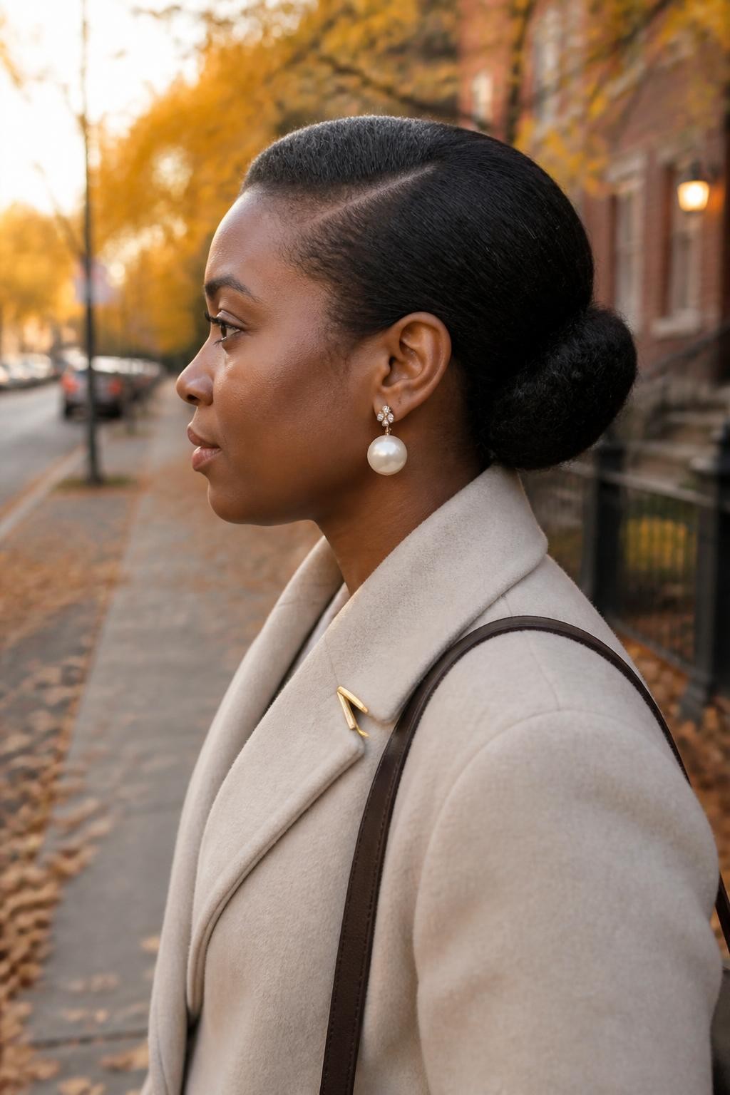 Image prompt: Photo of a Black woman wearing a smooth tucked low roll on stretched natural hair with a soft side part, side profile view, softly blurred city street background with brown leaves along the pavement, golden hour glow, containing pearl statement earrings and a slim hair clip attached to her coat collar, realistic candid fall portrait, latest iPhone photo quality.