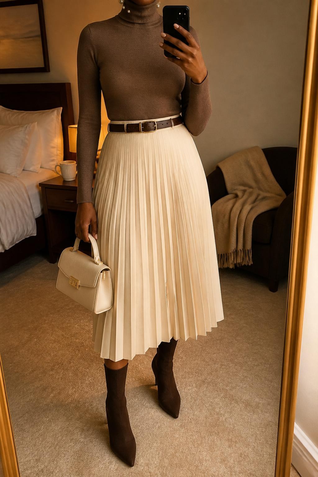 mirror selfie of a Black woman wearing the exact outfit described above, clearly showing dark brown sock boots with a slim heel, a cream pleated midi skirt, a mocha fitted turtleneck, a dark brown leather belt, a cream top-handle bag, and pearl earrings, holding a phone in front of a mirror, cropped at NECK so the face does not show, with a relaxed casual selfie pose, in a cozy bedroom mirror setup, evening golden hour, with a coffee mug on a bedside table and a folded blanket on a chair, latest iPhone photo quality.