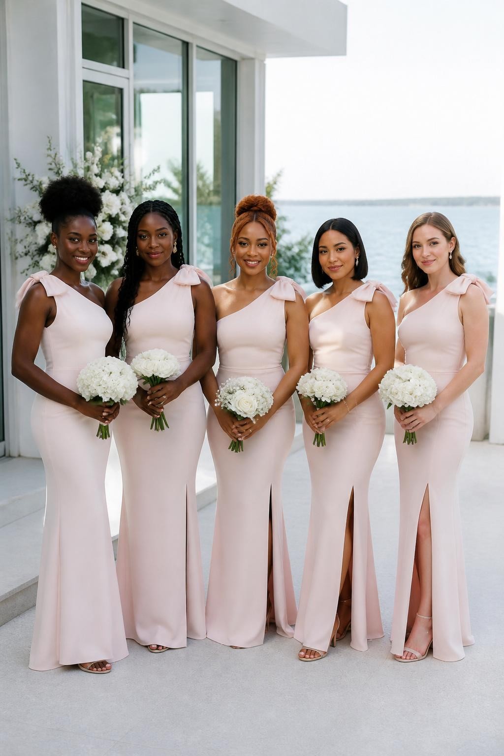 Realistic contemporary wedding photograph of five bridesmaids wearing powder-blush matte-crepe column gowns with asymmetrical necklines and large sculpted fabric knots positioned over one shoulder, long folded fabric tails falling softly across the upper back, fitted waists, and slim floor-length skirts with discreet slits, women with deep blue-black, dark warm brown, copper, golden olive, and fair peach complexions, varied heights and body proportions, bright confident faces with distinct natural features and realistic makeup, hairstyles including a high natural puff, long braids, sculptural bun, sleek bob, and polished waves, standing on the terrace of a modern coastal venue with pale concrete, glass walls, white flowers, and blue water visible in the distance, crisp natural daylight showing the folded shoulder construction, precise seams, realistic skirt creasing, and relaxed posture.
