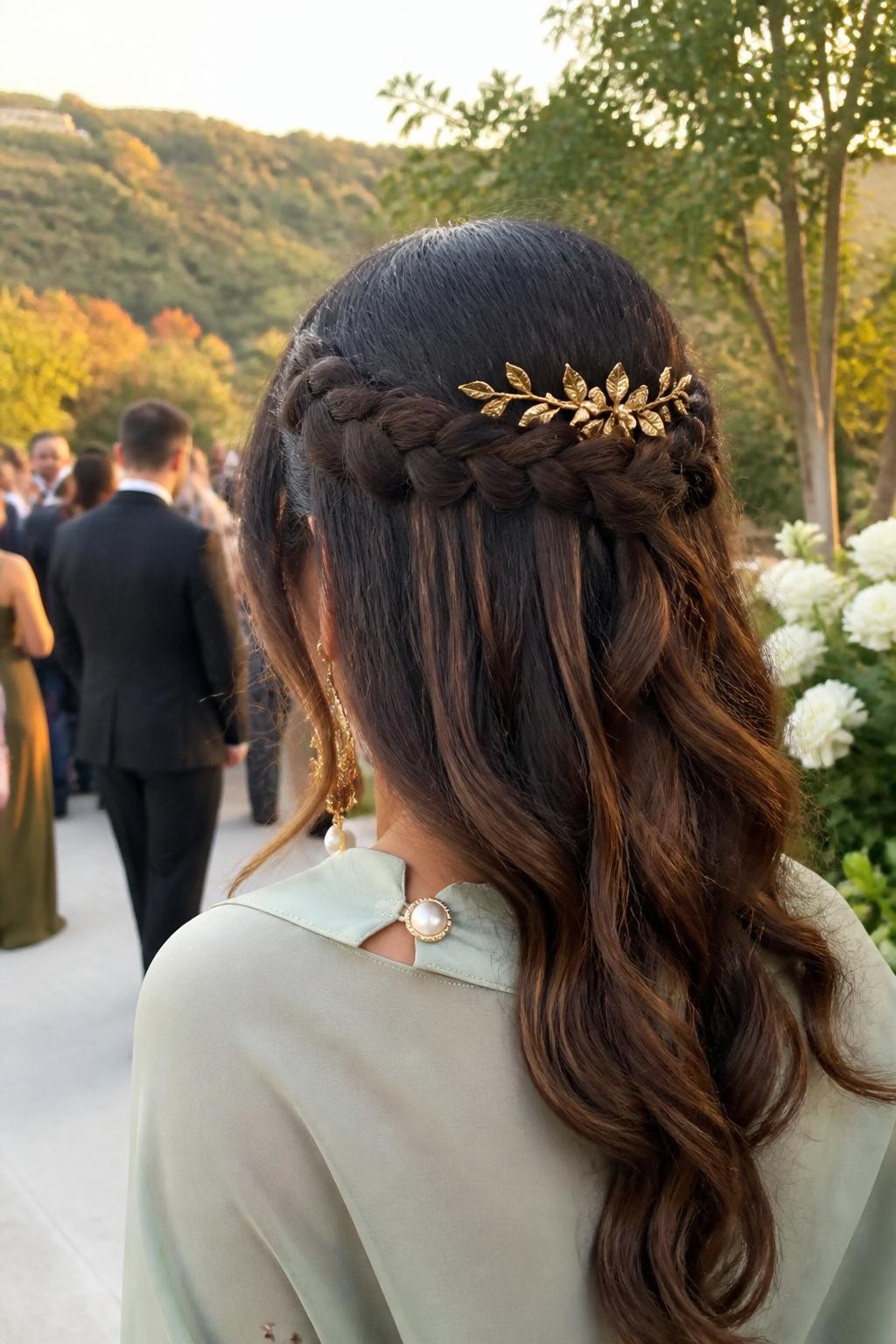Image prompt: Photo of a woman wearing long loose curls with two braids joined into a soft crown and decorated with small gold leaf pins, back-of-head view to highlight the braid, softly blurred outdoor wedding venue with autumn trees in the distance, golden hour glow, containing a small hair clip attached to her dress collar and statement earrings peeking through, realistic candid wedding guest photo, latest iPhone photo quality.