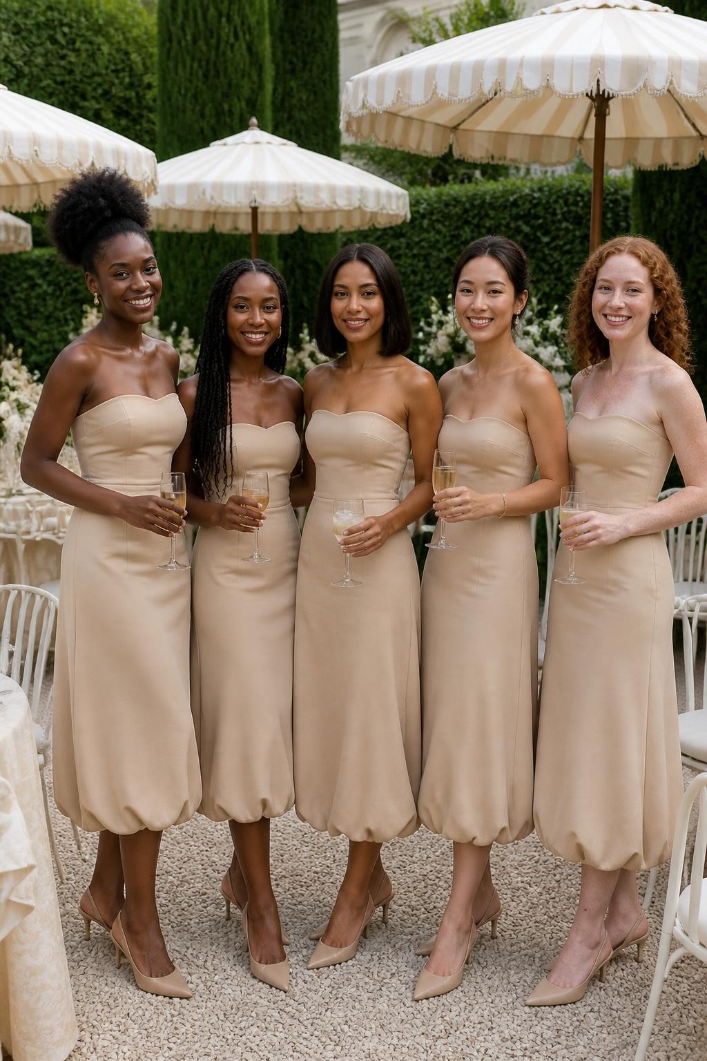 Realistic fashion-forward garden wedding image of five bridesmaids wearing warm sand-colored midi dresses with clean strapless bodices, elongated fitted waists, and rounded bubble hems ending around the lower calf, women with very deep brown, dark warm brown, medium caramel, East Asian light beige, and fair freckled skin tones, naturally varied heights and body shapes, bright joyful faces with genuine smiles, realistic skin texture and understated makeup, hairstyles including a sculpted afro puff, long braids, shoulder-length bob, polished bun, and soft curls, standing at a stylish garden reception with striped cream parasols, white bistro chairs, pale flowers, iced drinks, and clipped hedges, clear afternoon light, elegant slingback heels visible, natural fabric folds, and slightly irregular hand-sewn bubble hems.