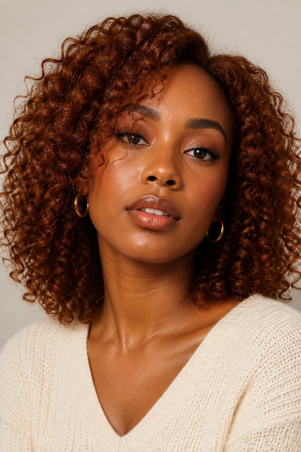 Image Prompt: A beautiful woman with shoulder-length soft auburn curls, warm red-brown hair color with gentle copper shine, defined spiral curls with healthy volume, medium-deep brown skin, natural glowing makeup, glossy nude lips, small gold hoops, cream knit top, clean neutral studio background, soft diffused lighting, close-up beauty editorial portrait, realistic DSLR photo, crisp curl texture and warm auburn color, no text, (no watermarks on images)