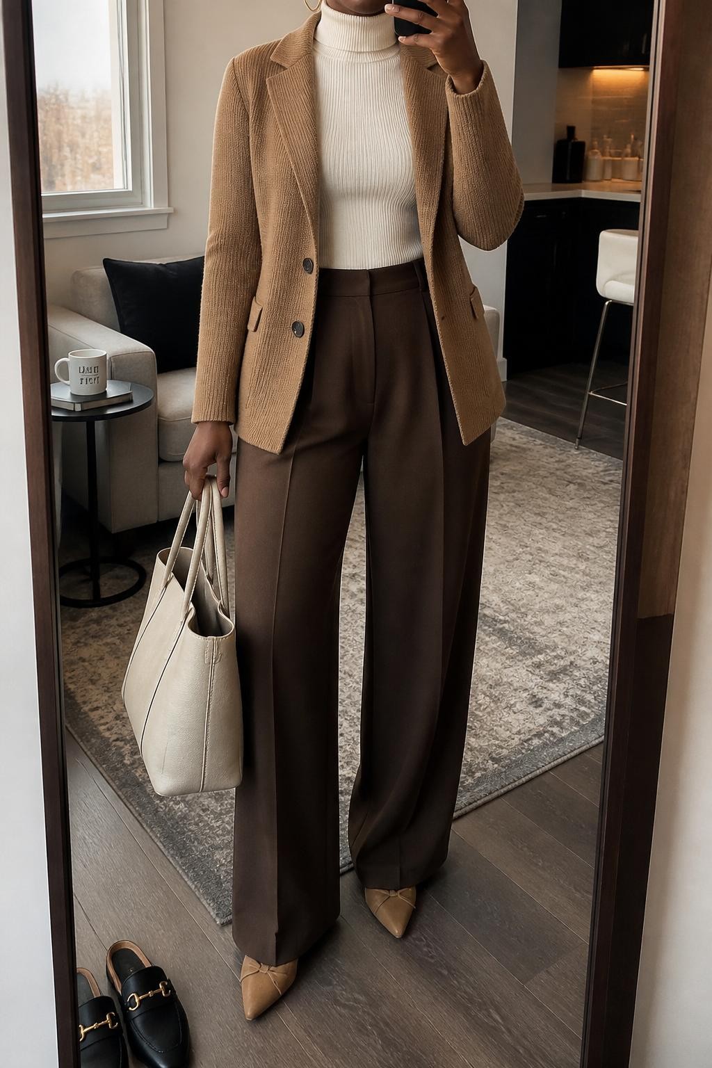 Mirror selfie of a Black woman wearing a camel knit blazer, cream fitted turtleneck, chocolate brown wide-leg trousers, tan pointed flats, gold hoop earrings, and a structured cream work tote, cropped at neck so the face does not show, standing in a stylish city apartment mirror with natural window light, a coffee mug on a side table and a pair of loafers near the floor, realistic latest iPhone photo quality.