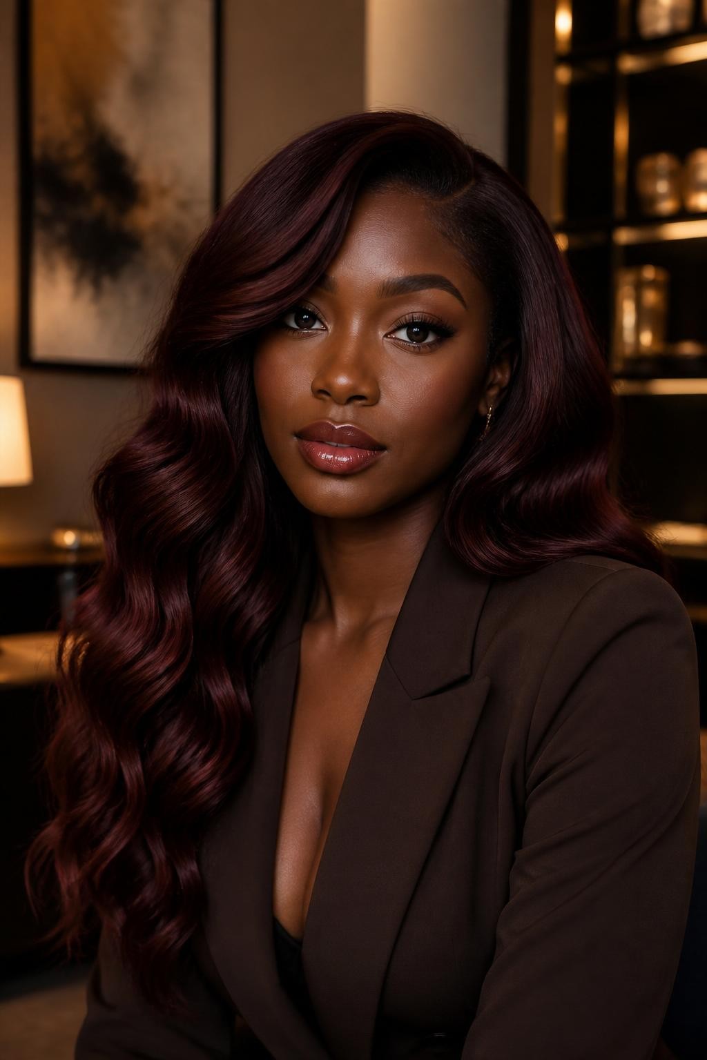 Image Prompt: A stylish Black woman with long chocolate cherry hair, dark brown base with deep cherry-red undertones, soft waves, side part, smooth shine, rich brown skin, soft glam makeup with a muted red lip, dark brown blazer, elegant indoor background, warm diffused lighting, realistic DSLR beauty editorial portrait, detailed red-brown color blend, no text, (no watermarks on images)