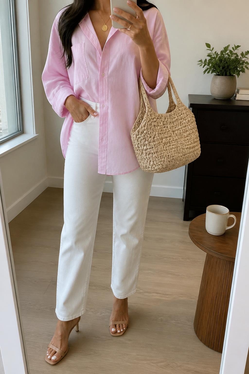 Mirror selfie of a Latina woman wearing a soft pink oversized button-down shirt, white straight-leg jeans, nude heeled sandals, gold pendant necklace, and a woven beige handbag, holding a phone in front of a mirror, cropped at NECK so the face does not show, relaxed casual selfie pose, in a minimal dressing room, natural window light, with a small plant on a dresser and a coffee mug on a side table, latest iPhone photo quality.