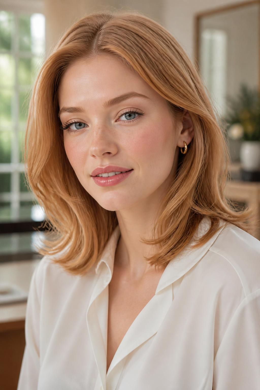 Image Prompt: A gorgeous woman with fair skin and shoulder-length strawberry blonde hair, soft peachy blonde shade with light copper tones, smooth blowout waves, rosy natural makeup, glossy pink lips, small gold earrings, white blouse, bright indoor background with soft daylight, realistic DSLR beauty editorial portrait, detailed strawberry blonde shine and soft warm color, no text, (no watermarks on images)