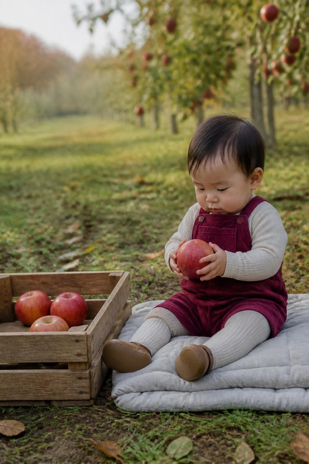 Image Prompt: An East Asian baby around ten months old sitting on a padded folded blanket beside a low wooden apple crate at a working orchard, wearing a burgundy corduroy romper over a cream ribbed top, warm tights, and brown soft-soled shoes, the crate positioned beside the baby rather than underneath them and holding only four natural red apples, one apple resting on the blanket as the baby studies it with both hands, orchard rows, fallen leaves, and slightly muddy grass in the background, soft morning sunlight, photographed at eye level with a DSLR 50mm lens, realistic apple sizes, natural baby expression, accurate clothing texture, no baby sitting inside the crate, no stacked boxes, no overflowing fruit display.