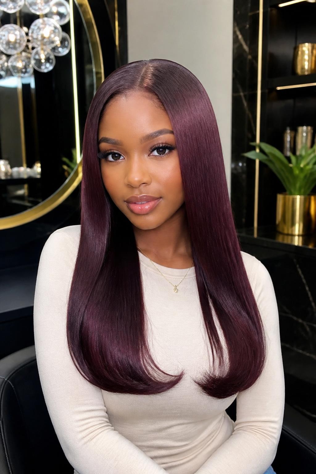 Image Prompt: A stunning woman with a long sleek silk press dyed glossy berry plum, center part, silky straight strands with smooth shine, softly curled-under ends, warm deep brown skin, clean soft glam makeup, glossy nude lips, small gold necklace, fitted cream top, luxury salon-inspired background, soft even lighting, waist-up beauty portrait, realistic DSLR quality, detailed straight hair shine and berry plum color depth, no text, (no watermarks on images)